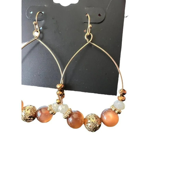 Women's NWT Mix It Earrings Gold Tone Beaded Dangle Drop Hoop Earthtone Boho - Picture 3 of 4
